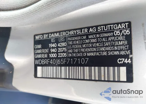 2005 Mercedes-Benz C 230 Kompressor Sport z USA, uszkodzony, nr VIN WDBRF40J65F717107